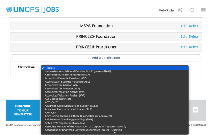 UNOPS Certificate List